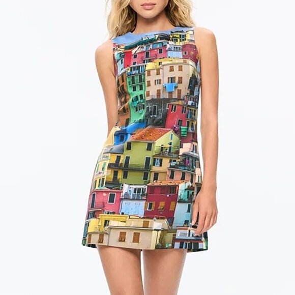 Alice + Olivia Clyde Shift Mini Dress Italian Landscape Rainbow Buildings 8 - Picture 1 of 15